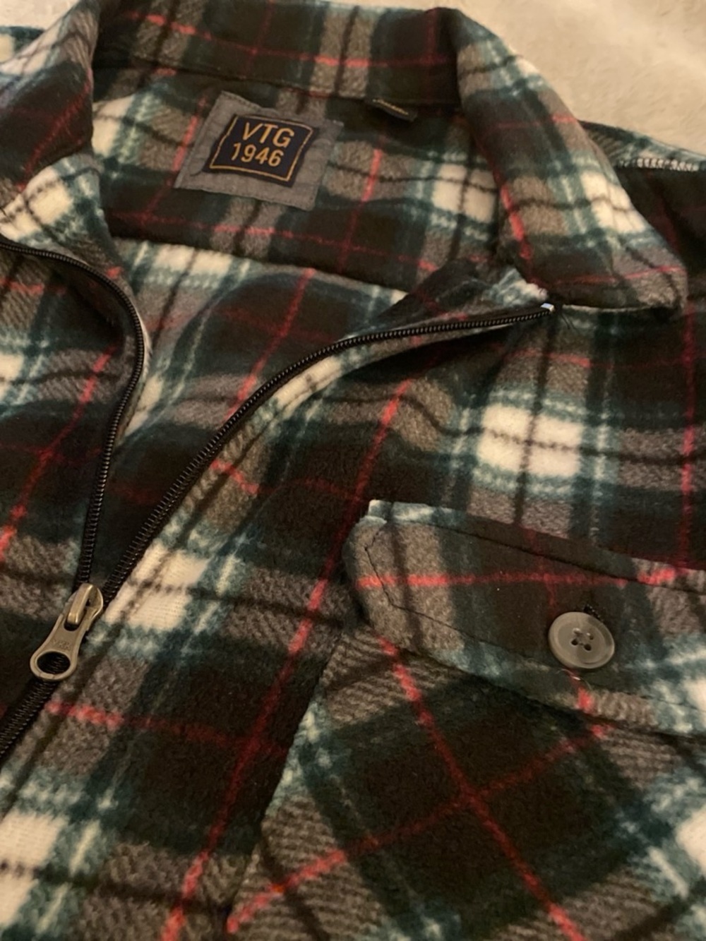 VTG 1946 Plaid Zip-Up Fleece Shirt Jacket - Green, White, Red